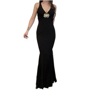 T11 90s VTG Cache Black Halter Mermaid Gown Rhinestone Buckle Style 3997
